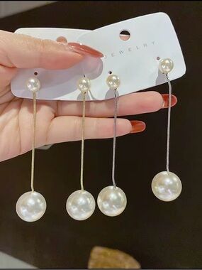 Pearl Drop Threader Earrings - Gold and Silver